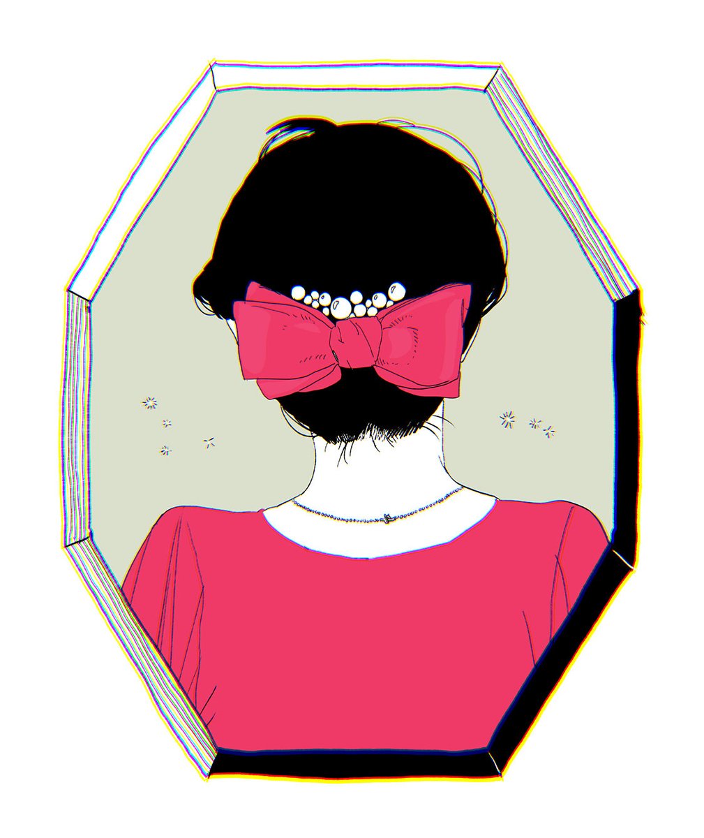 1girl solo bow black hair short hair from behind hair bow  illustration images