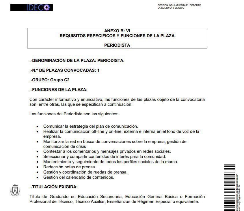DavidCuestaTV's tweet photo. Una empresa pública del Cabildo de Tenerife (@IdecoGestion) abre un proceso para estabilizar plazas, entre ellas, una de periodista.

Nivel: C2

Titulación universitaria: NO

Cualquier graduado en Secundaria puede aspirar. Y así se pisotea al periodismo desde lo público. https://t.co/UbB9IECyug