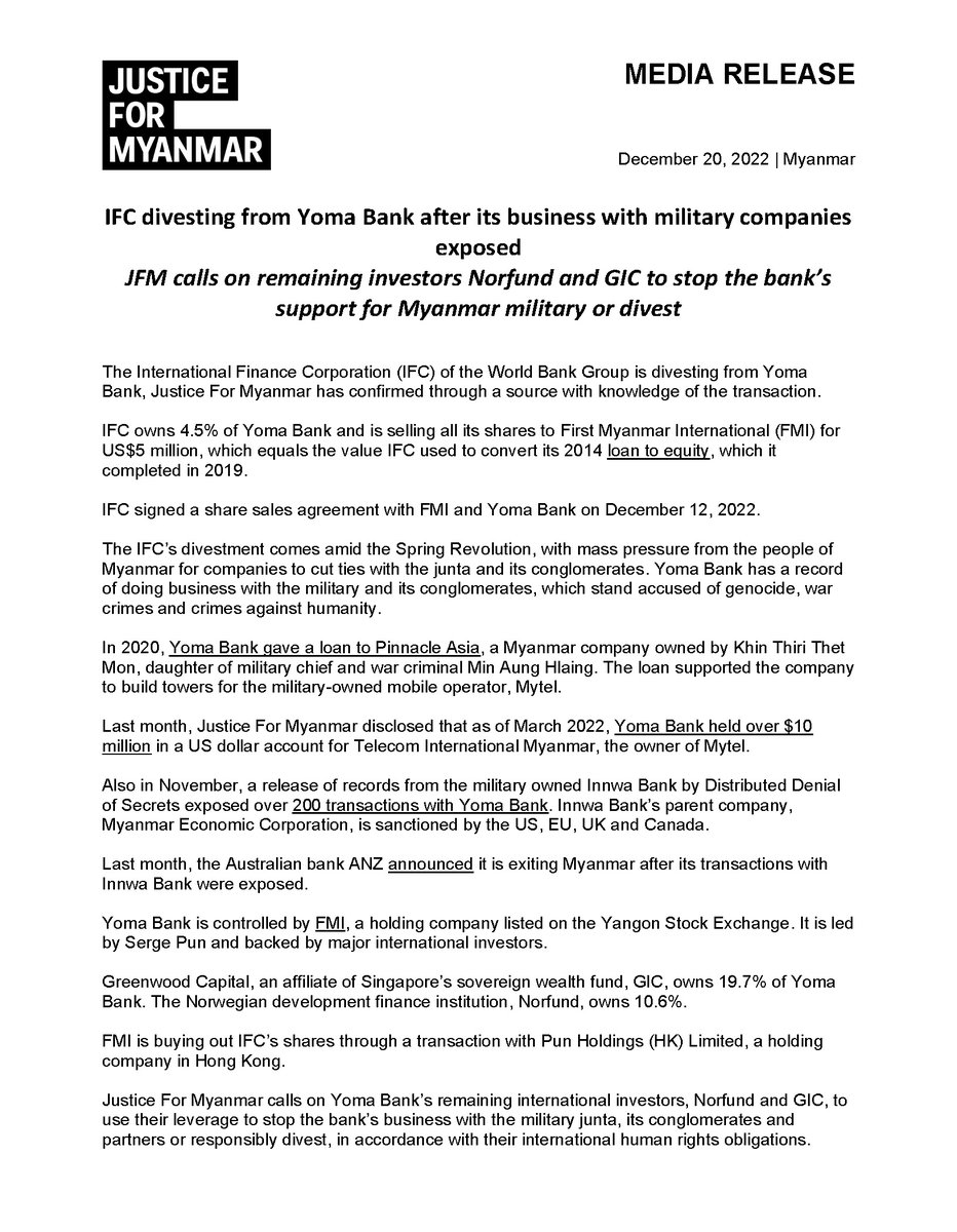 JusticeMyanmar's tweet photo. Press Release 📣 @IFC_Investors divesting from Yoma Bank after its biz with military companies was exposed.

🚨We call on remaining investors @norfund and GIC to stop the bank’s support for #Myanmar military or divest. 

📰 https://t.co/CXxX2nAkI3 https://t.co/9PhEwT4Olh