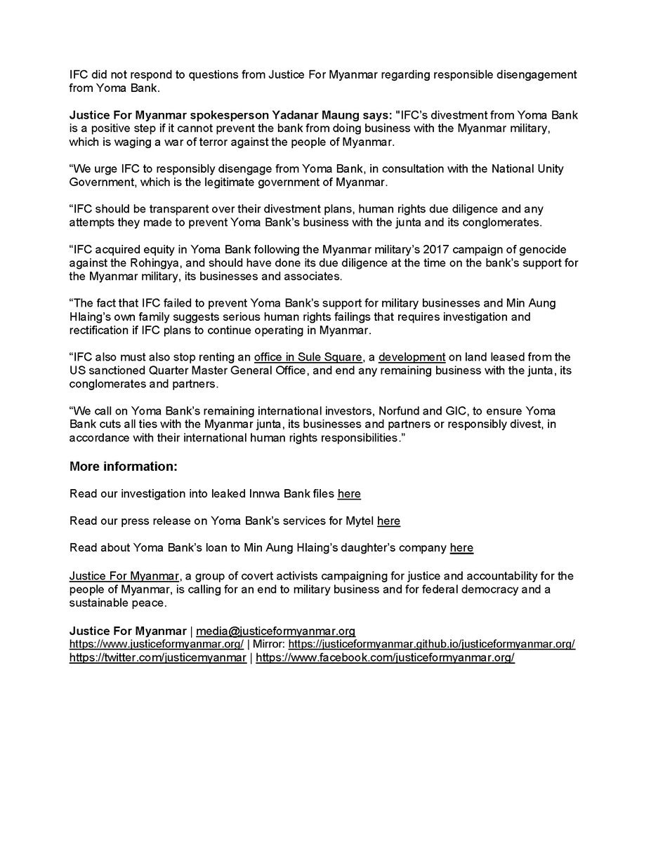 JusticeMyanmar's tweet photo. Press Release 📣 @IFC_Investors divesting from Yoma Bank after its biz with military companies was exposed.

🚨We call on remaining investors @norfund and GIC to stop the bank’s support for #Myanmar military or divest. 

📰 https://t.co/CXxX2nAkI3 https://t.co/9PhEwT4Olh
