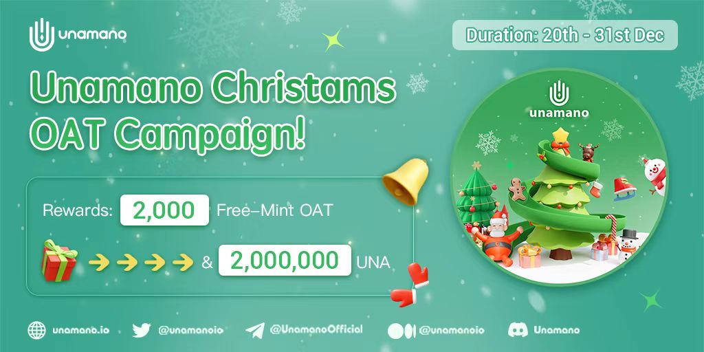 🎄For the #Christmas Month…warm surprises are heating up!!🎄

🎁Unamano #OAT Special Edition is LIVE now!

🎁2000 Free Mint OAT +2M UNA🪙

⏰20th~31st Dec

Enter  now👇

🎈soquest.xyz/space/Unamano/…
or
🎈galxe.com/Unamano/campai…