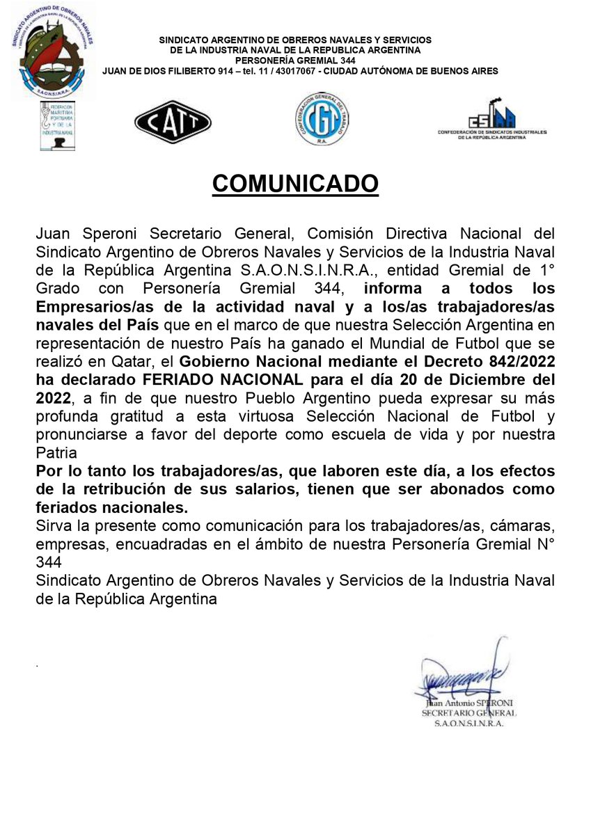 COMUNICADO FERIADO NACIONAL para el día 20 de Diciembre del 2022, a fin de que nuestro Pueblo Argentino pueda expresar su más profunda gratitud a esta virtuosa Selección Nacional de Futbol y pronunciarse a favor del deporte como escuela de vida y por nuestra Patria