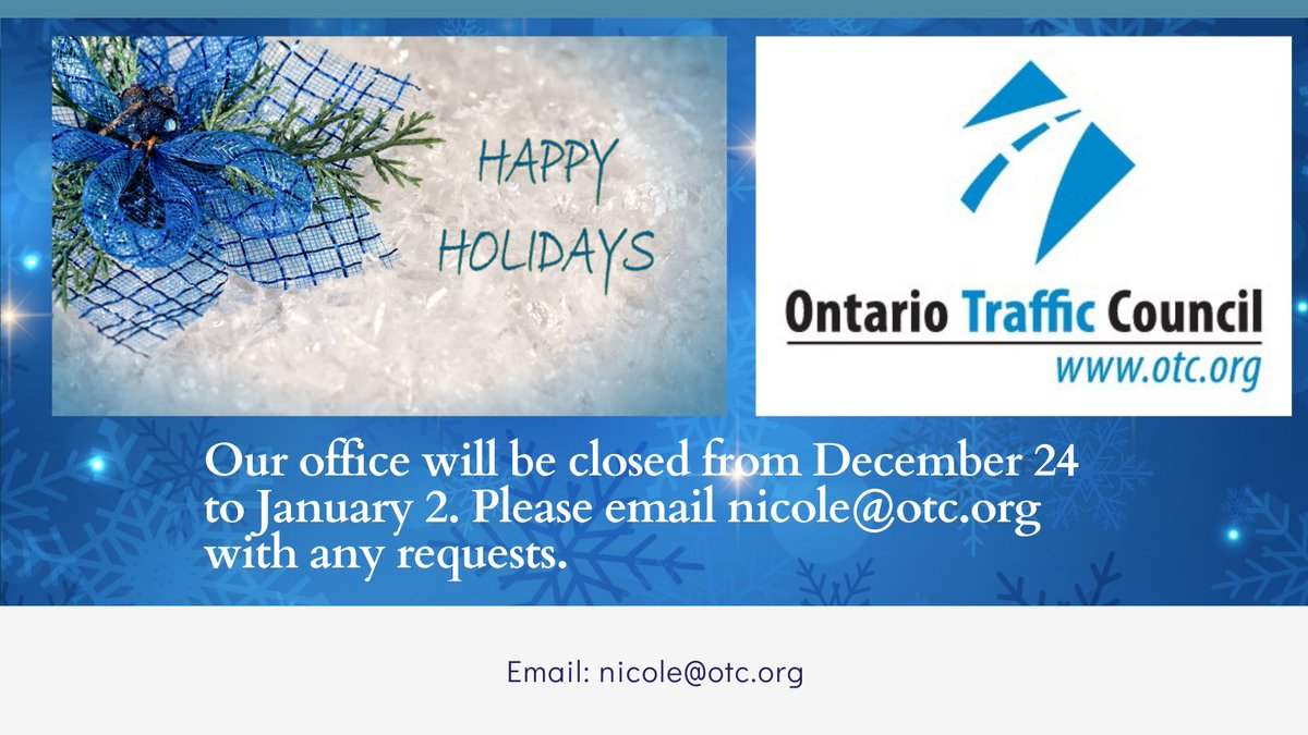 Happy Holidays! Our offices will be closed from December 24, 2022 until January 2, 2023 and re-open on January 3, 2023. 

Please send any requests to nicole@otc.org.
#OTC #HappyHolidays2022 #SeasonsGreetings #seeyounextyear