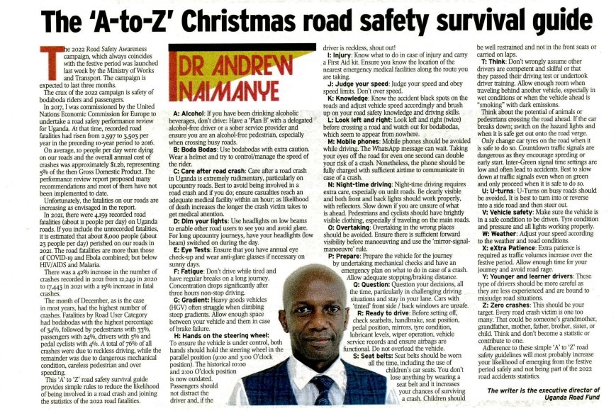 Fact : 70% of all crashes are due to reckless driving. ⏩Behaviour change is key in reducing accidents ⏩Read the 'A-to-Z' Christmas road safety survival guide by our @URF_ED . #OtuuseOtya #RoadSafety #RoadSafetyug #RoadSafetyWeekUG2022 @HovitaUganda @ACME_Uganda @end_accident