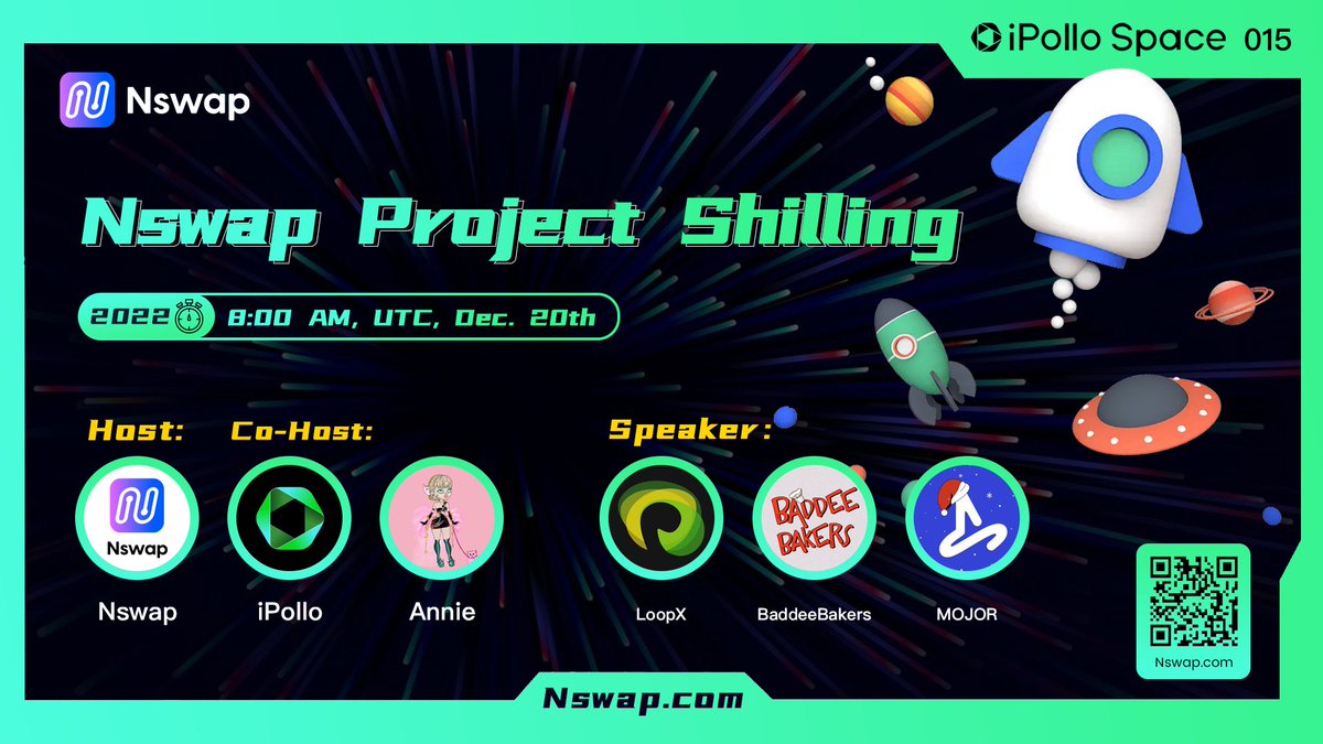 Nswapcom's tweet photo. iPollo Space 015
🐦Join our Twitter Space
🧾Topic: Nswap Project Shilling
⏲️Time: 8:00 AM, UTC, Dec 20th
🎙️Host: @Nswapcom Co-host: @iPolloverse @Diamond2Annie
📢Speaker: @loopx_web3 @BaddeeBakers_ @MojorCom
https://t.co/1ty573eWfz…
#nswap #iPollospace https://t.co/mDjdTh6nL9