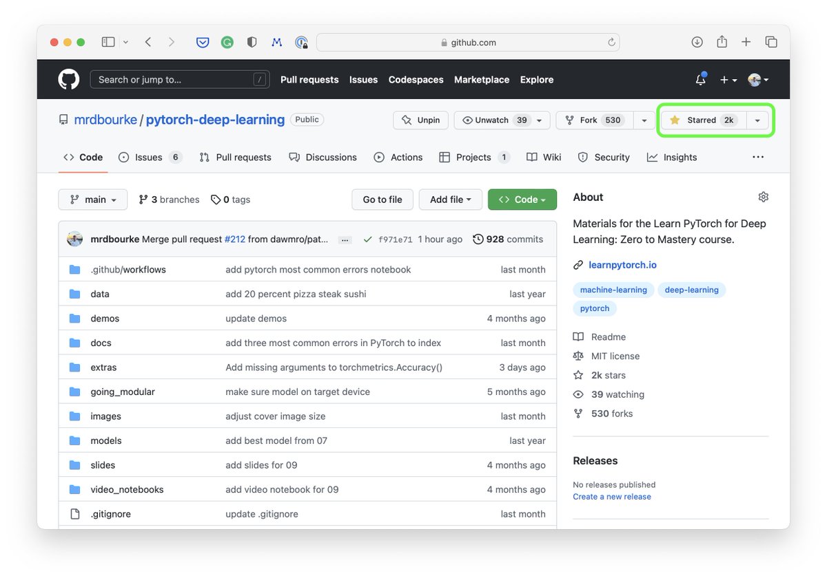 mrdbourke's tweet image. The @zerotomasteryio Learn PyTorch for Deep Learning repo has hit 2k stars on GitHub! 🔥

Inside you&apos;ll find:
• The most beginner friendly place to learn @PyTorch 
• 10 hands-on notebooks
• 3 milestone projects
• 25 hours of free videos
+ more!

Link: github.com/mrdbourke/pyto…