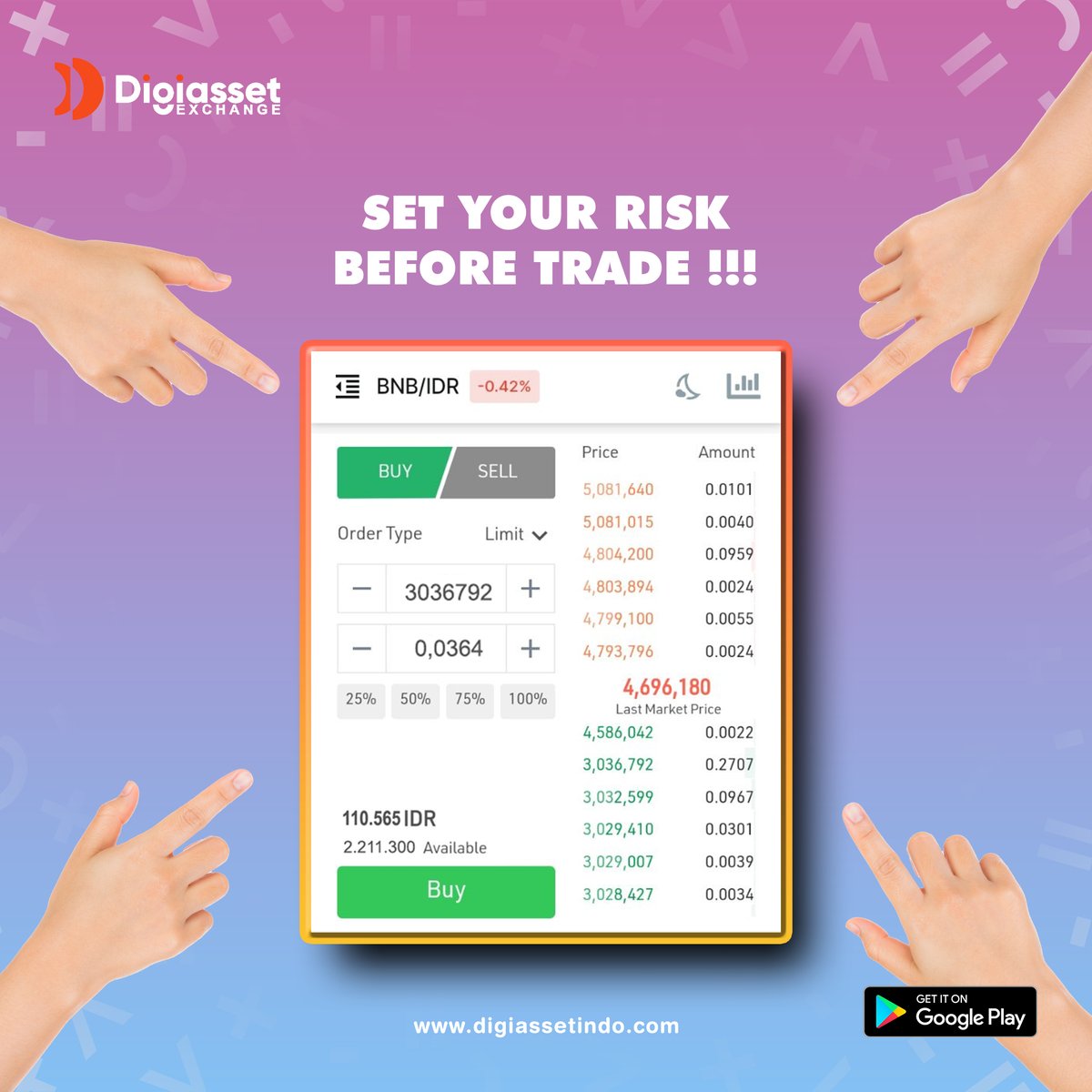Control your money by setting your risk 

#digiassetindoexchange #digiassetindo #digiasset #cryptocurrency #cryptonews #blockchain #exchange