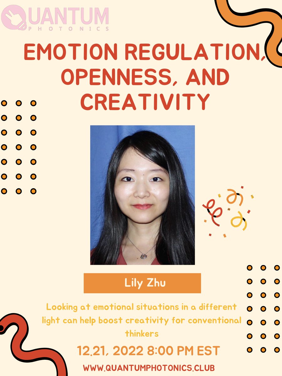 Dr. Lily Zhu Washington State U will talk about "#Emotion regulation, openness, &amp; #creativity" with <a href="/sierra_photon/">Sierra</a>, <a href="/ceciletamura/">Cecile Tamura</a>, Bob Pray DVMedia+, and <a href="/qpclub1/">Qphotonics</a>.
WED, Dec 21, 5 PM (PST) #QP <a href="/Clubhouse/">Clubhouse</a> <a href="/TamilclubhouseU/">HappyMeeple</a> 
clubhouse.com/event/xjYp5Q87…