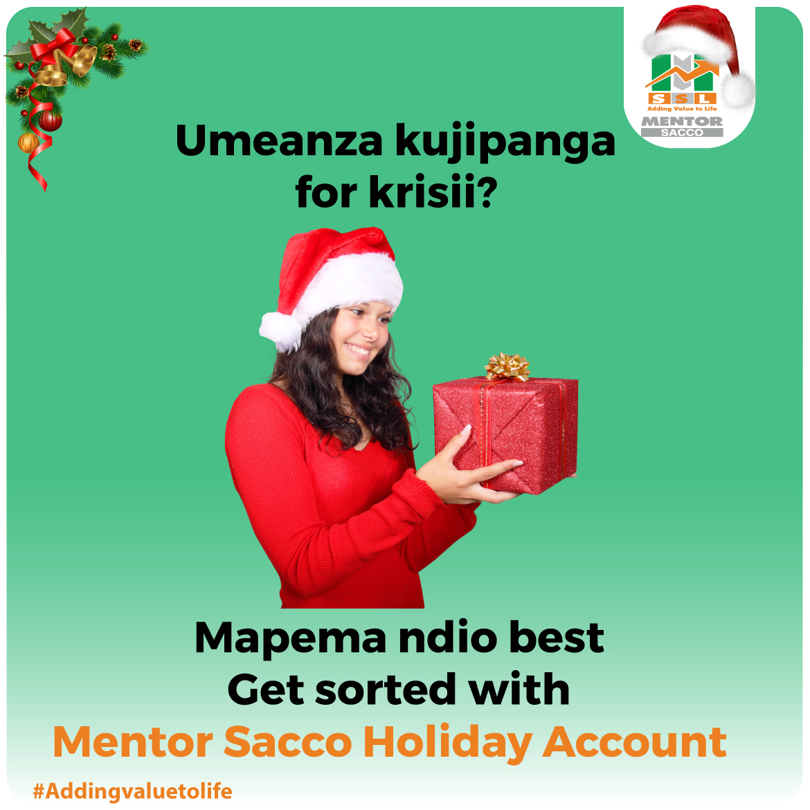 The holiday season ❄️🌟is fast approaching and with that comes holiday savings. Take advantage of our Mentor Sacco Holiday Account to make your festive season bright ✨ #addingvaluetolife #ChristmasTree  #holidays