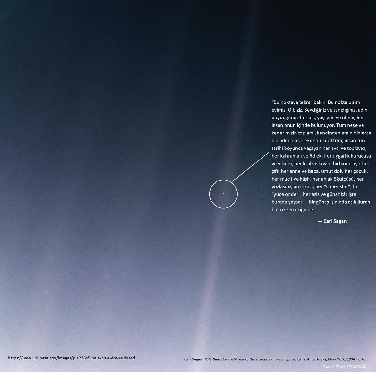 Carl Sagan'ın ölüm yıl dönümü bugün. 1990'da Voyager 1 uzay aracı, 6 milyar kilometre uzaktan Dünya'nın fotoğrafını çekmişti. Bunun üzerine Carl Sagan, bu 'Soluk Mavi Nokta' hakkında şu destansı sözleri kaleme almıştı: