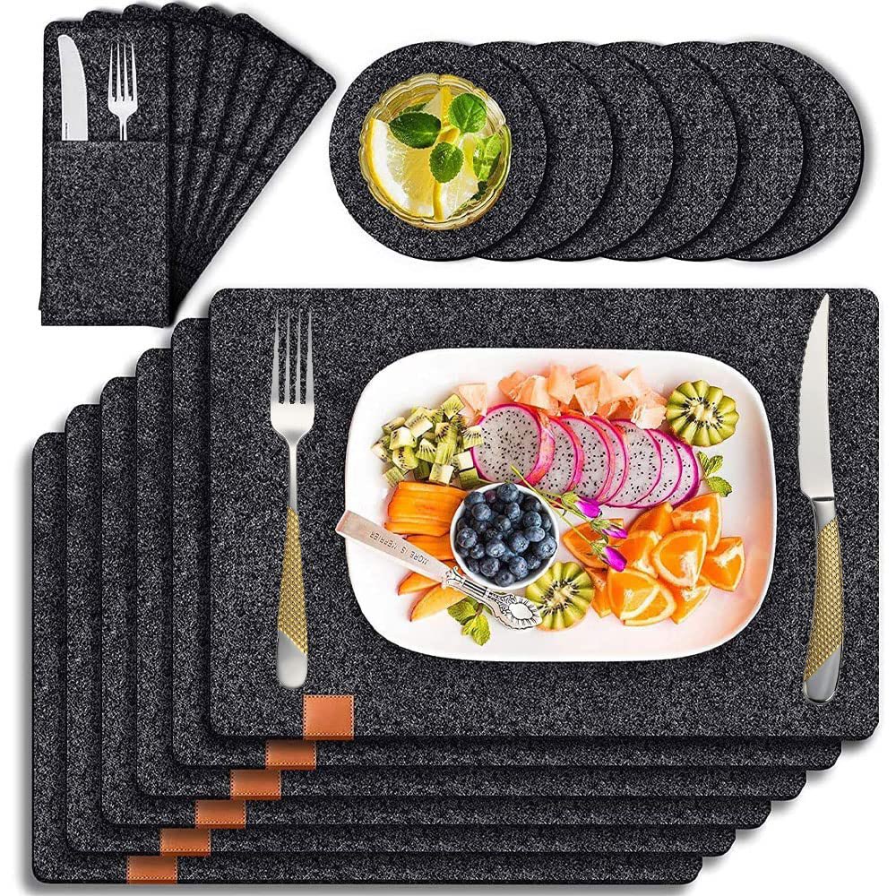 HomeGoods_Ug's tweet photo. Tendak Felt Placemats Placemat,with 6 Placemats Wipeable 44x32cm, 6 Coasters and 6 Cutlery Bags, Heat-Resistant and Washable, Placemat Set made of Anthracite, Suitable for Dining Table (Dark Gray, 18 Pcs). Ugx 120k https://t.co/ISk9QIPZJH