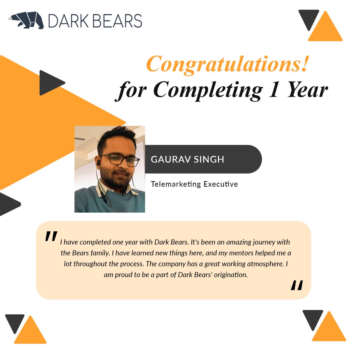 DBWebSolutionss's tweet photo. Take a look at what our teammate Gaurav has to say about his journey of one year at Dark Bears.
#HappyWorkAnniversary

#DarkBears #LifeAtDarkBears #FirstWorkAnniversary #WorkCulture #BalancedLife https://t.co/mis9uHtEP1