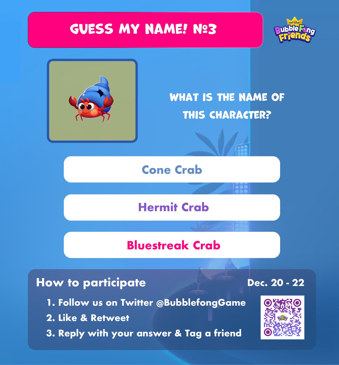 BubblefongGame's tweet photo. [🐬] BBF Community Giveaway: Guess My Name #3👋

📝Follow all the steps below for a chance of becoming ONE of the FIVE lucky winners to receive 1 $BBF!🐠

📢Winner Announcement will be out on Dec. 22🏃‍♂️

#BBF #P2E #Giveaway https://t.co/HI35PwzhuH
