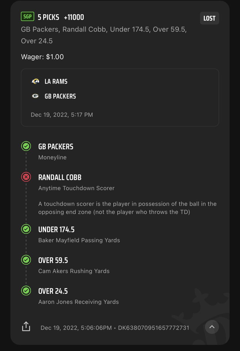 GoPackGo541's tweet photo. Heart breaker 😩🙃 #parlays #DraftKingsMNF #packers https://t.co/d62Ip79afe