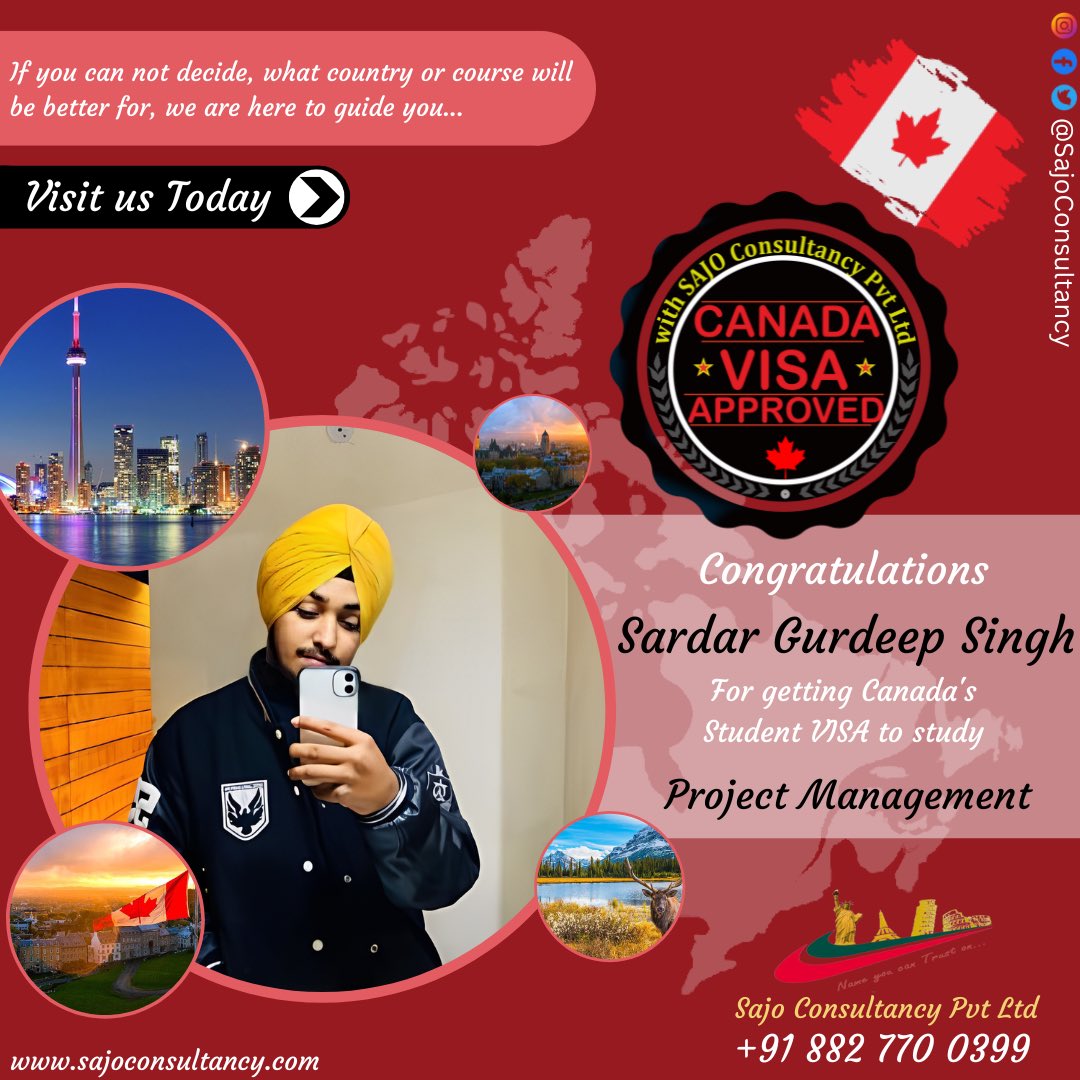 SajoConsultancy's tweet photo. We are delighted to announce that Sardar Gurdeep Singh has successfully obtained a student visa for Canada.

#visas #visa #immigration #visaservices #visaconsultants #canada #studyabroad #immigrationlawyer #ielts #visaservice #studentvisa #visaassitance #immigrationconsultants https://t.co/UhTcyudA1K