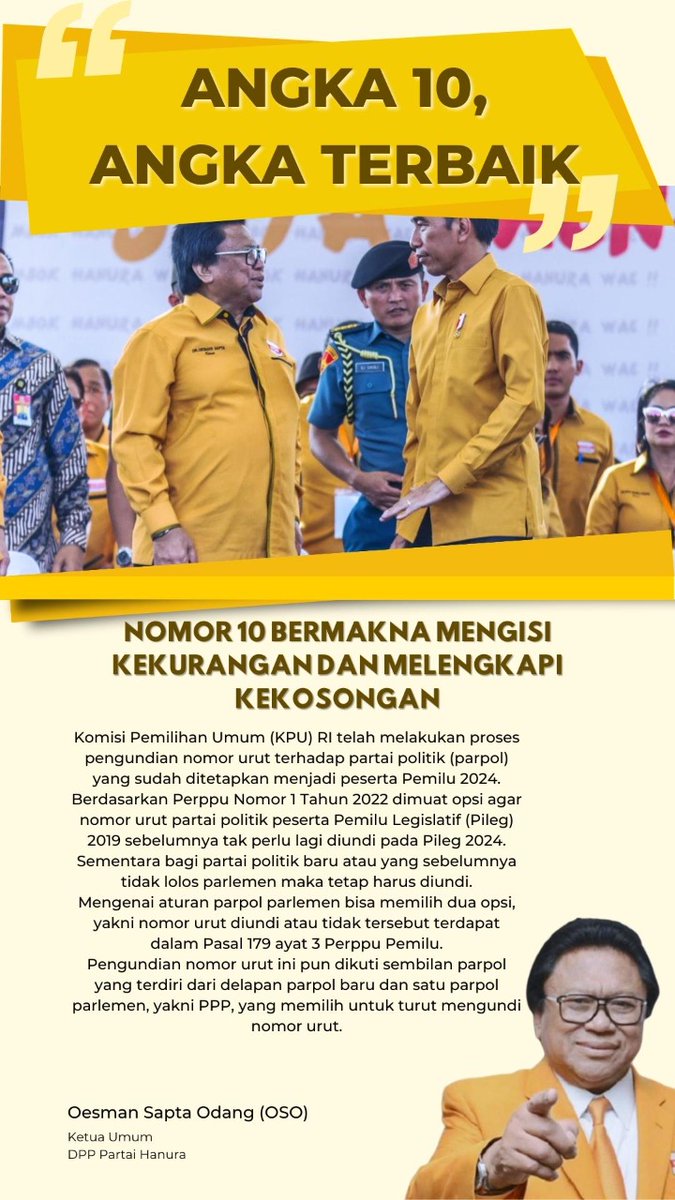 Angka 10 merupakan angka sempurna. Sebab, nomor 10 memiliki makna mengisi kekurangan dan melengkapi kekosongan.

Bangkit Jaya Menang. Hanura
#10AngkaSempurnaHanura