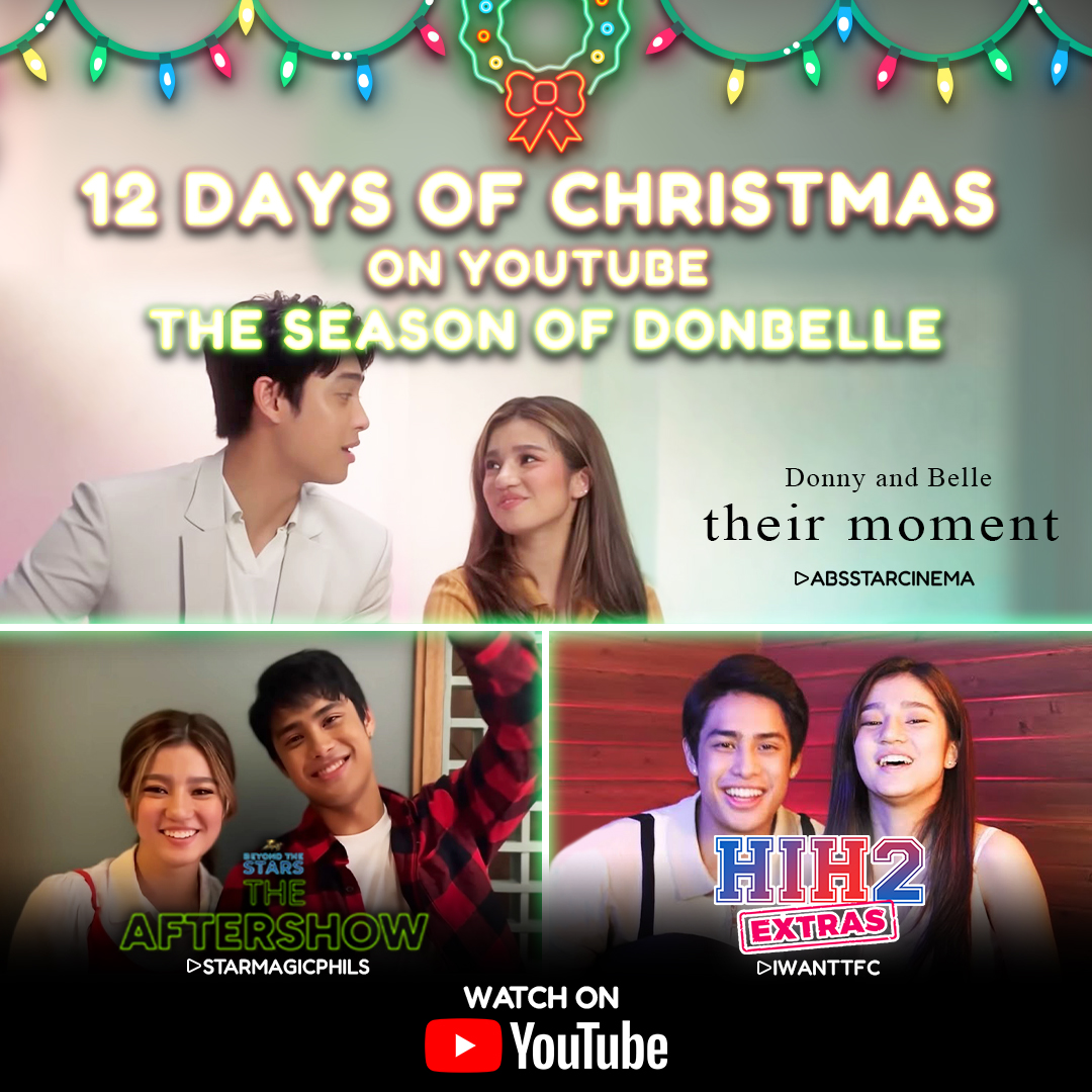 KapamilyaTFC's tweet photo. On the 8TH DAY OF CHRISTMAS, the new-gen phenomenal love team ang gift namin sa inyo! 🎄

Watch #DonBelle in #TheirMoment, #HIH S2 Extras, and Star Magic #TheAftershow on YouTube! https://t.co/KCwRIiqyaB

#ABSCBNMadeForYouTube https://t.co/ry5oFMgcWB