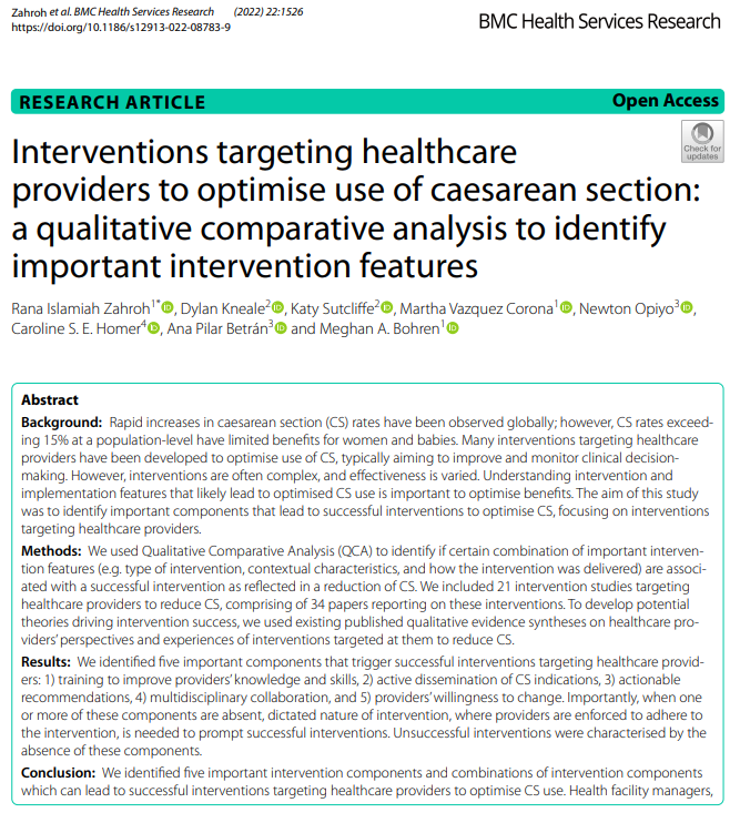 Very excited to share the results of my PhD's firstborn! Using qualitative comparative analysis #QCA we examined important components on interventions aimed to optimize #caesarean use, and found 5 different components which influence intervention success: bit.ly/3BN5C9B