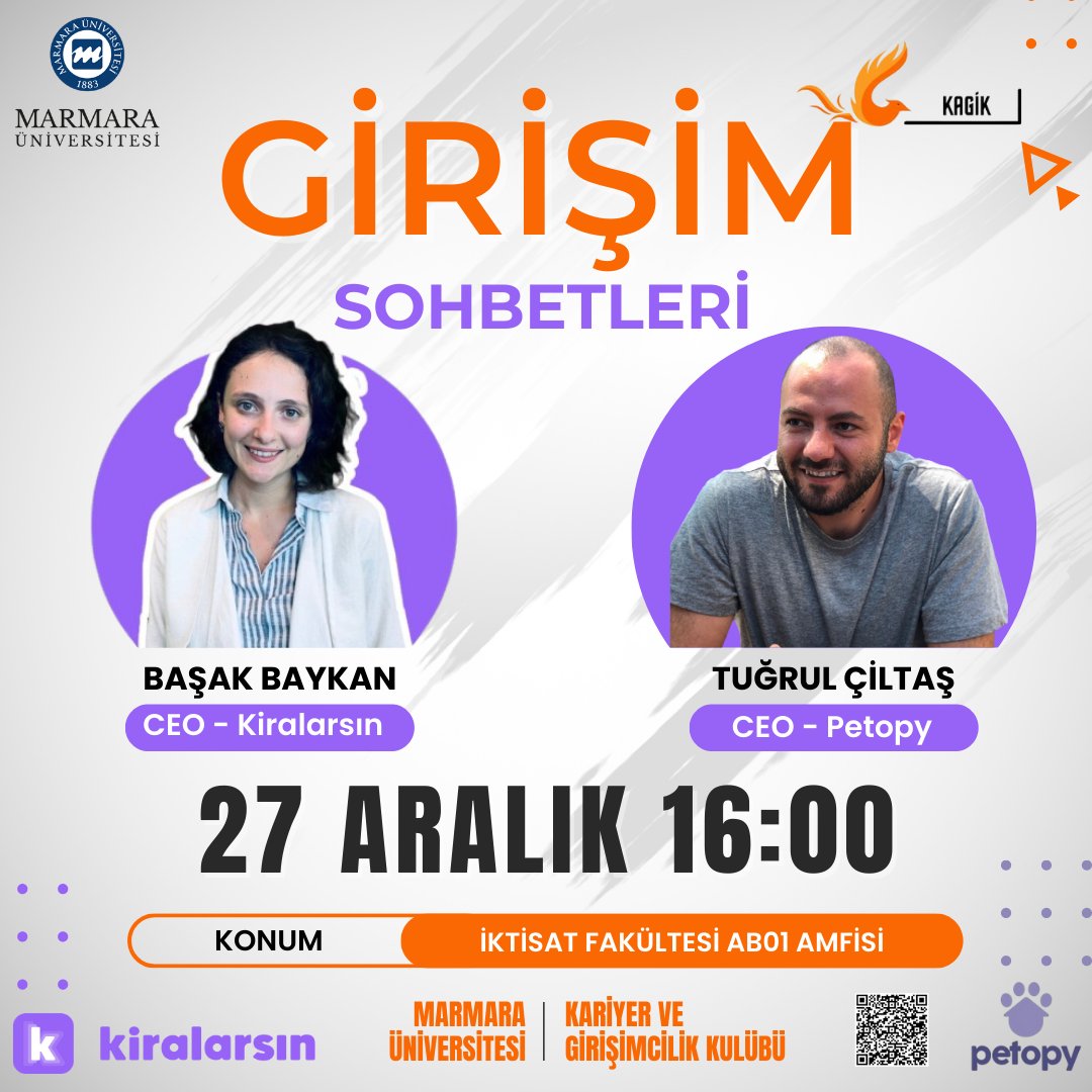 Selam!😎
Kariyer ve Girişimcilik Kulübü🕊️ olarak Girişim Sohbetleri'ne herkesi davet ediyoruz.🥳🥳
Etkinliğimize davet ettiğimiz @kiralarsin 'ın Ceo'su🏦 @basakbaykan ve <a href="/petopytr/">Petopy</a> 'nin Ceo'su🐶
<a href="/tugrulciltas/">Tuğrul Çiltaş</a> kendi deneyimlerini paylaşacaklar. 🚀
Katılmak için biodaki linke tıkla!