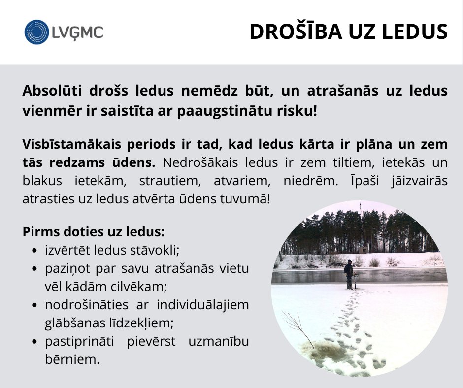LVGMC_Meteo's tweet photo. Esi uzmanīgs un domā par savu drošību! Ledus biezums ir nevienmērīgs. Iestājoties atkusnim, ledus biezums samazināsies, kļūstot vēl bīstamāks. Atrasties uz ledus nedrīkst!
#Ledus
@ugunsdzeseji https://t.co/L1IdVbNA1Y
