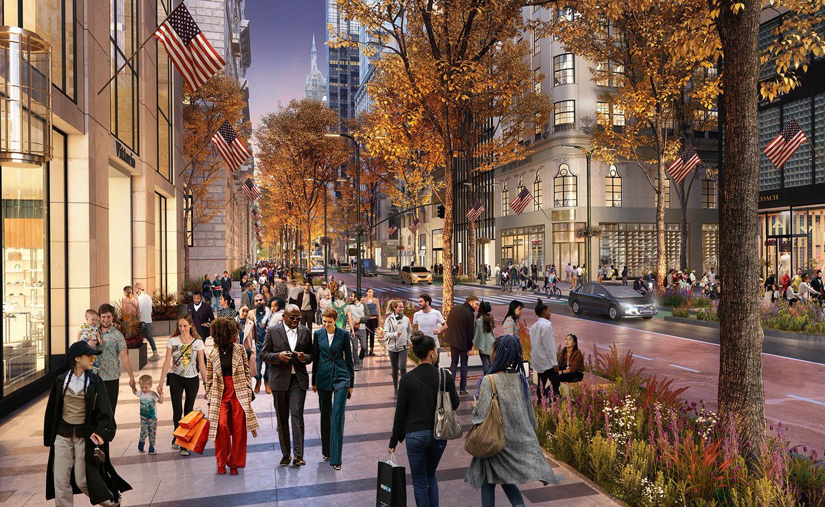 BrentToderian's tweet photo. BIG NEWS: New York Mayor @EricAdamsforNYC has announced a “reimagining of Fifth Avenue — from Bryant Park at 42nd St. to Central Park at 59th St. — as a safer, pedestrian-centered boulevard that also prioritizes cyclists, mass transit, &amp; the public realm.” https://t.co/48XFVandt9 https://t.co/cOeBwUoO3u