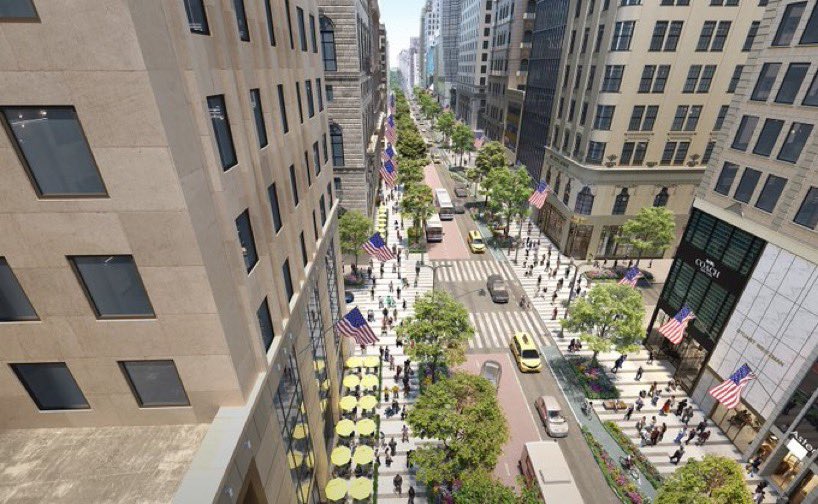 BrentToderian's tweet photo. BIG NEWS: New York Mayor @EricAdamsforNYC has announced a “reimagining of Fifth Avenue — from Bryant Park at 42nd St. to Central Park at 59th St. — as a safer, pedestrian-centered boulevard that also prioritizes cyclists, mass transit, &amp; the public realm.” https://t.co/48XFVandt9 https://t.co/cOeBwUoO3u