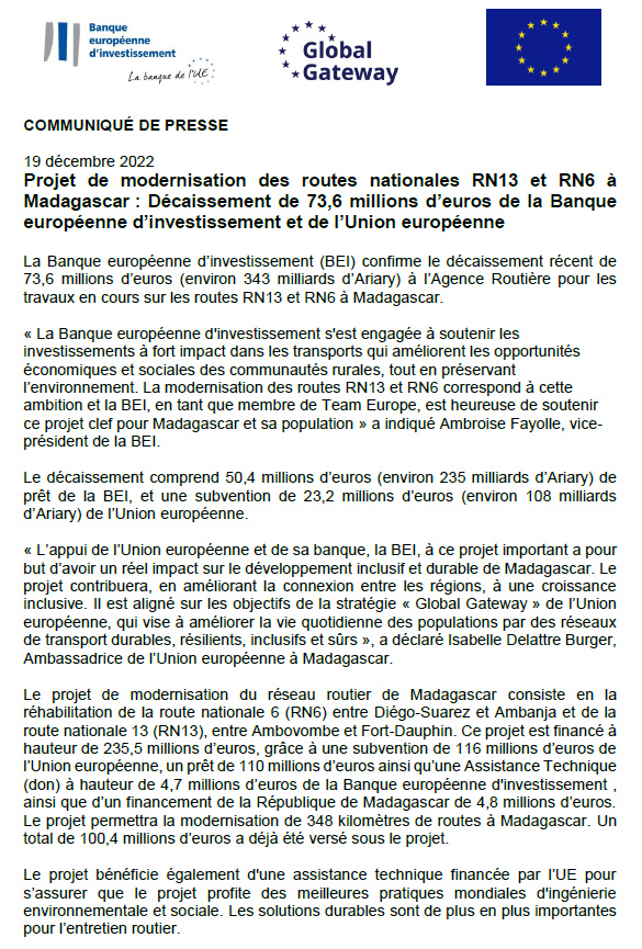 UE_Madagascar's tweet photo. @EIBGlobal @EIB @eu_eeas @IsabelkeD @JimHodges3 🇲🇬Communiqué de presse: décaissement de 343 milliards d'Ariary de la Banque européenne d’investissement et de l’Union européenne 🇪🇺 pour la modernisation des routes #RN13 et #RN6 🚗
#TeamEurope #GlobalGateway 🛣️ https://t.co/KdTpMEEDfC