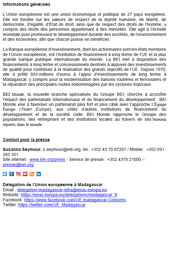 UE_Madagascar's tweet photo. @EIBGlobal @EIB @eu_eeas @IsabelkeD @JimHodges3 🇲🇬Communiqué de presse: décaissement de 343 milliards d'Ariary de la Banque européenne d’investissement et de l’Union européenne 🇪🇺 pour la modernisation des routes #RN13 et #RN6 🚗
#TeamEurope #GlobalGateway 🛣️ https://t.co/KdTpMEEDfC