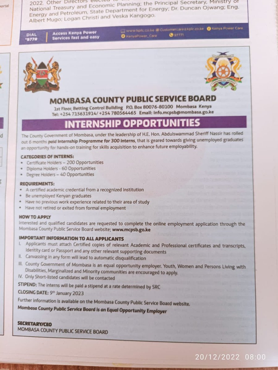 The County Government of Mombasa announces 300 internship opportunities. To apply go to mcpsb.go.ke