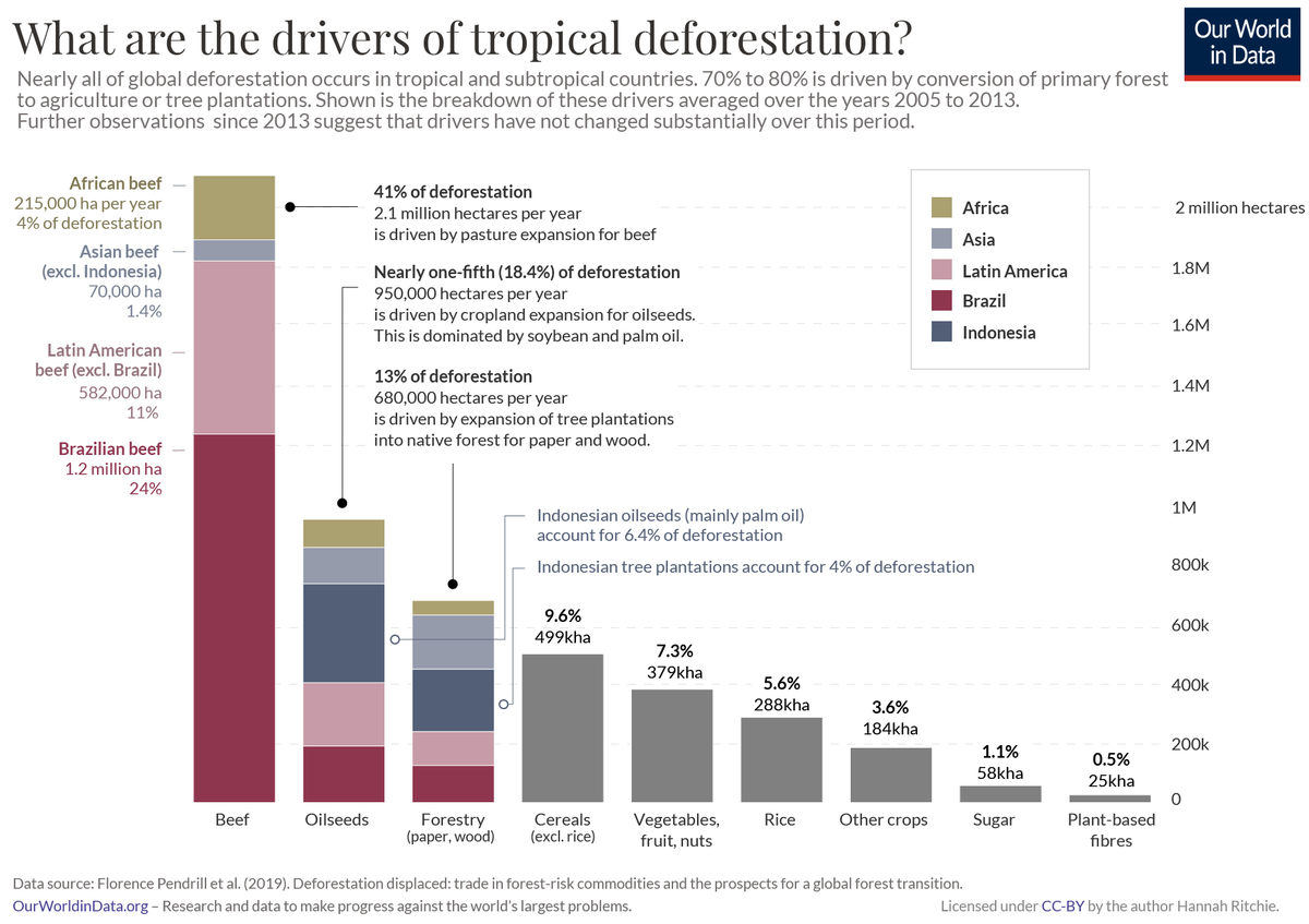 Where's the beef? It is where tropical forests used to be. 41% of tropical deforestation is driven by pasture expansion for beef (Our World in Data). Please eat more legumes for protein and "give peas a chance".