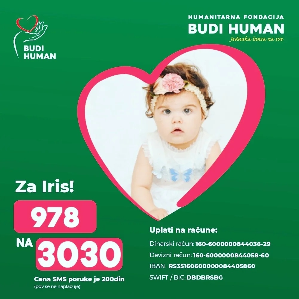 Pomozimo Iris!
Upišimo 978 i pošaljimo SMS na 3030 
#budihuman #jednakašansazasve