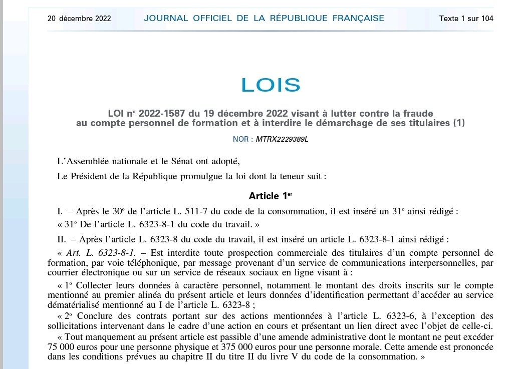 #CPF 
La loi visant à lutter contre la #fraude au compte personnel de #formation et à interdire le démarchage de ses titulaires est publiée au JO