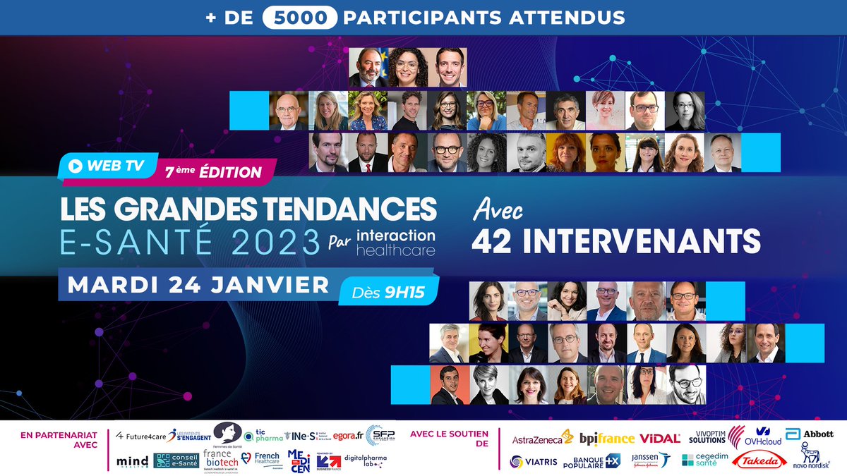 #Esanté2023 : [J-35] 📣 Découvrez les 42 intervenants de la conférence annuelle de Interaction Healthcare <a href="/digitalsante/">Interaction Healthcare</a>  "Les grandes tendances de la #Esanté de 2023" le 24 janvier diffusée depuis les locaux de <a href="/Future4care/">Future4care</a>

👉 Liste complète : bit.ly/3G6p9Ew #hcsmeufr