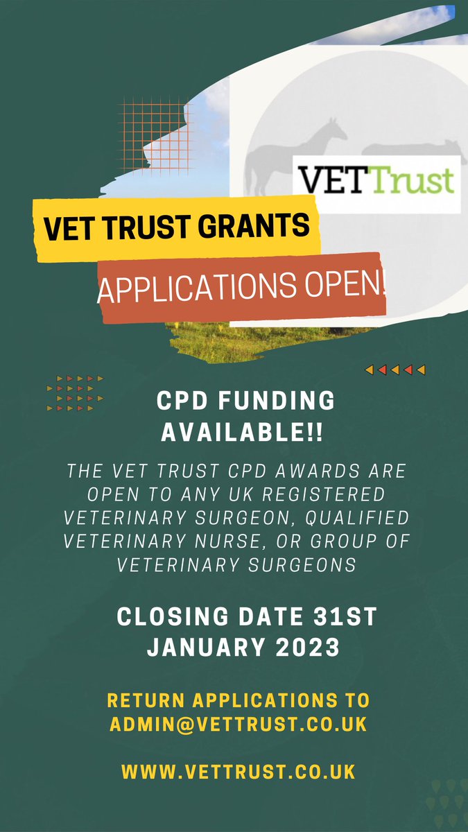 #VETTrust CPD Awards are open! Vets, RVNs and Vet groups can apply for CPD funding. See Facebook group for application and guidance. Closing date 31st January 2023. Please share. facebook.com/groups/6023218…