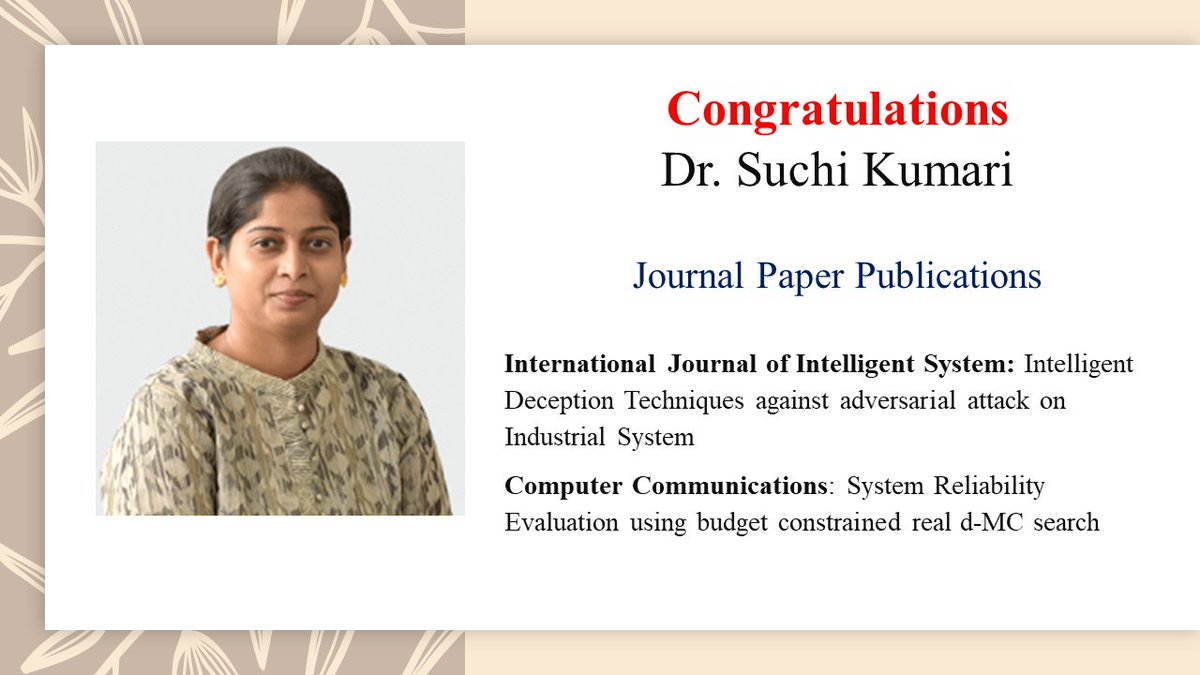 SCSETBennett's tweet photo. Congratulations to Dr. Suchi Kumari (Assistant Professor #SCSETBennett) for journal paper publications.
#bennettuniversity #ComeMoveWithTheTimes #BUfaculty #scset #csebennett #journalpaper #publication #sci https://t.co/MGtzEGFrGF