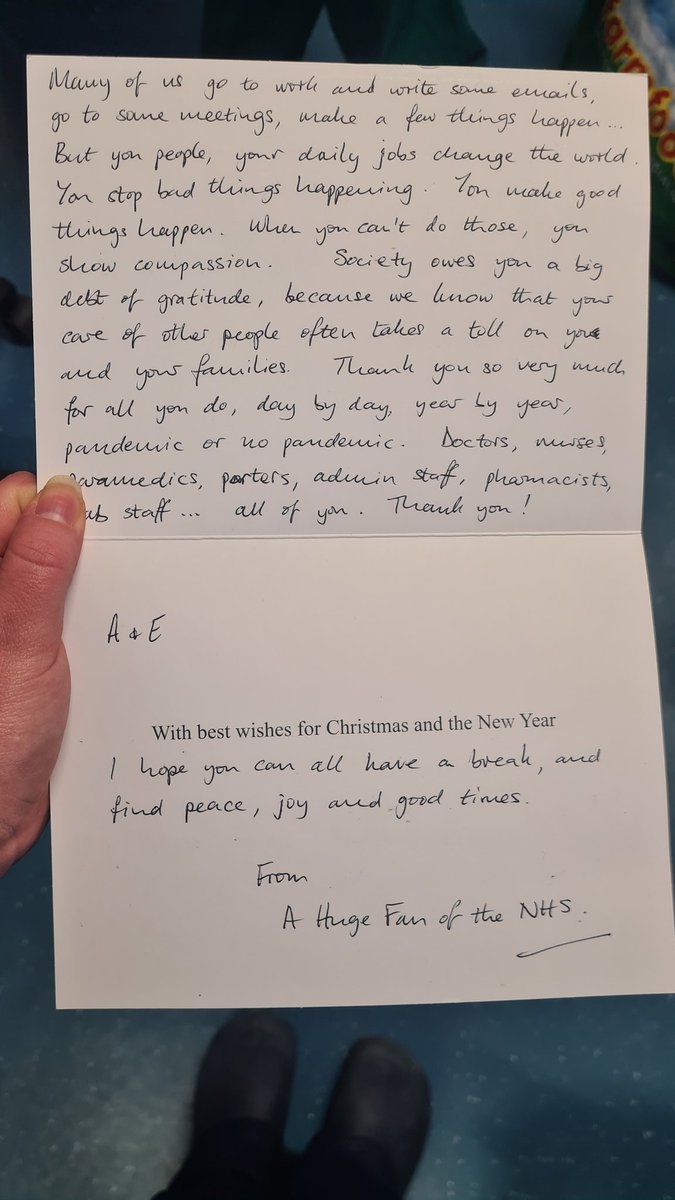 Thank you to the mystery 'Huge fan of the NHS' for your wonderful Christmas card. So unbelievably kind and thoughtful. I'm sure I speak on behalf of all of us in <a href="/EdinburghEM/">Edinburgh EM</a> when I say this has truly lifted our spirits, and brought a few tears to our eyes. Thank you ever so much