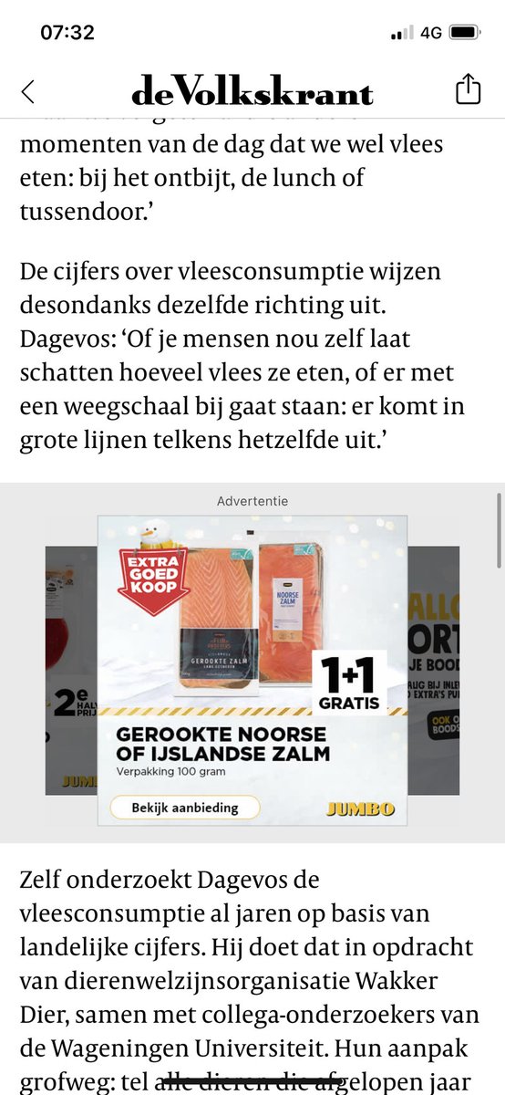 In de <a href="/volkskrant/">de Volkskrant</a> een artikel met de vraag: Hoe kan het toch dat we evenveel vlees blijven eten??? 
De vraag stellen is hem beantwoorden. 
In hetzelfde artikel deze advertentie voor kilo knallers: EXTRA GOEDKOOP!  Tja 🤔