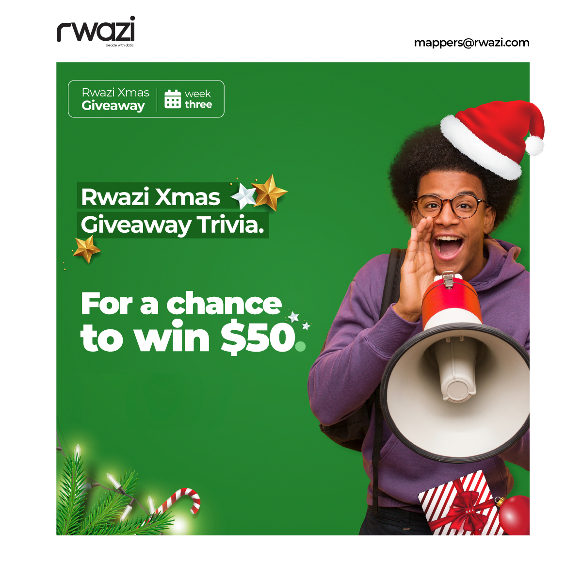 Could it be you winning the last $50 ? 🤔

How to enter
🎄Follow Rwazi
🎄Answer Trivia Qn.
✅(Optional) Tag 1 friend to assist you

Trivia Qn: How many countries does Rwazi have mappers in ? 🗺️

Entry ends: 12/22/22 GMT+3
Winner announced: 12/23/22
#Christmas #Giveaway #trivia
