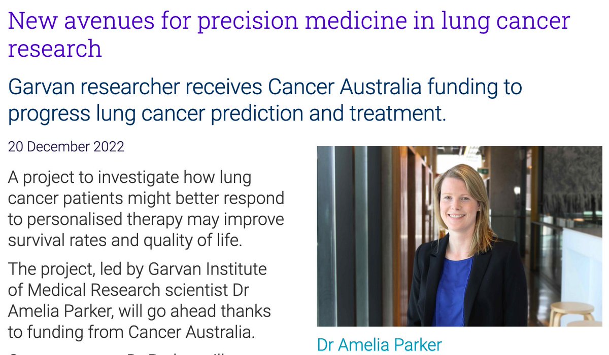 Congratulations to our senior postdoc Amelia Parker on being awared a @CancerAustralia PdCCRs Early Career Researcher grant to study new ways to treat lung cancer garvan.org.au/news-events/ne… @GarvanInstitute @thomasrcox #lungcancer #extracellularmatrix