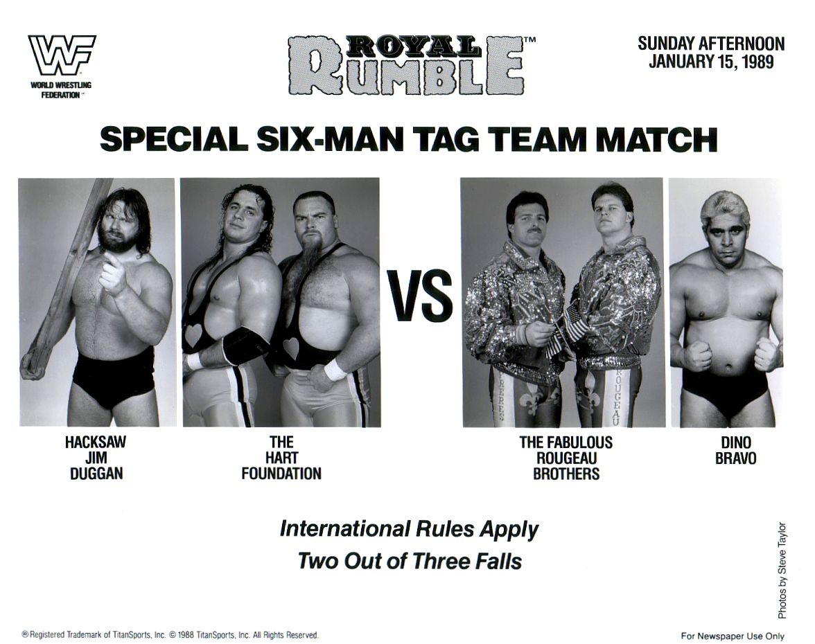 Six-man tag team action at the Royal Rumble! #WWF #WWE #Wrestling #JimDuggan #BretHart #JimNeidhart #RaymondRougeau #JacquesRougeau #DinoBravo