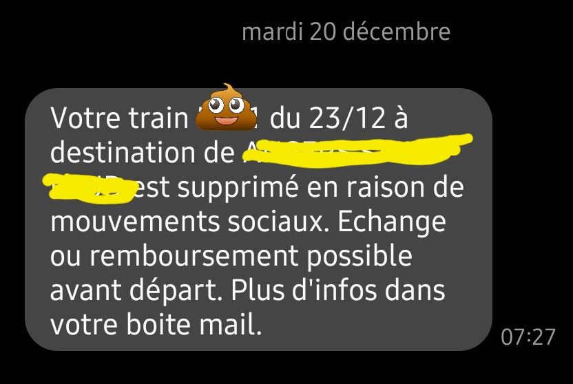 Les #cheminots de la <a href="/SNCF/">❌</a> : à eux de nous faire préférer la #bagnole.
#grevesncf #galère #annulationdetrain #fêtesdeNoël #Grève <a href="/GroupeSNCF/">Groupe SNCF</a> <a href="/SNCFConnect/">SNCF Connect</a> <a href="/cgtcheminots/">CGT Cheminots</a> <a href="/chabanelm/">Matthieu Chabanel</a> ENJOY <a href="/TotalEnergies/">TotalEnergies</a>  CC <a href="/AgnesRunacher/">Agnès Pannier-Runacher 🇫🇷🇪🇺</a> <a href="/ChristopheBechu/">Christophe Béchu</a> <a href="/CBeaune/">Clément Beaune</a>