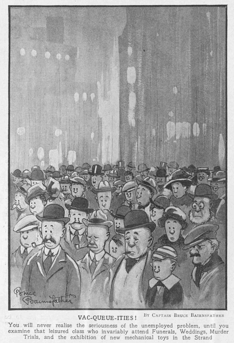 'Vac-queue-ities!' - Bruce Bairnsfather considers the ways in which the unemployed population might occupy themselves, in this weeks' centenary Fragment.
First published in The Bystander 100 years ago today, on 20 Dec 1922.