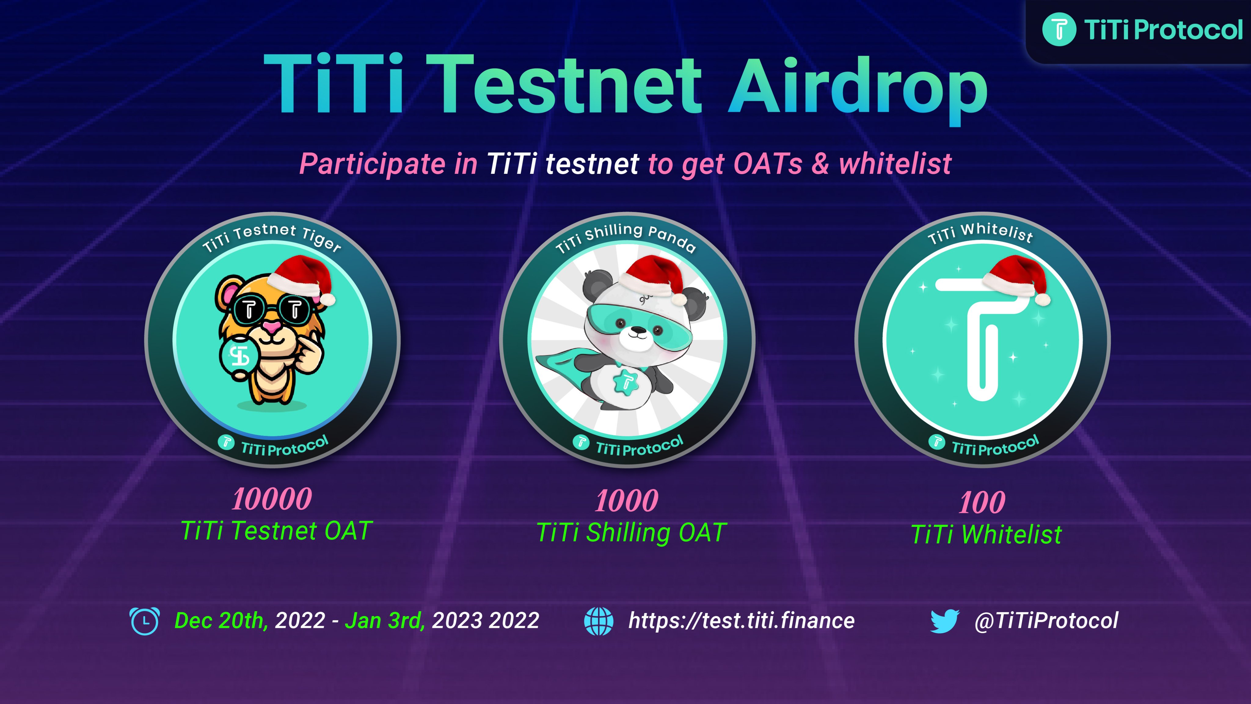 TiTiProtocol  live on Base now on X: 🔊#TiTiProtocol #Testnet airdrop  round 2 are live now ！ ✓Airdrop details👉  ✓Testnet  👉 ✓Tutorial👉 ⏳Dec 20th ,  2022-Jan 3rd, 2023 🌐https