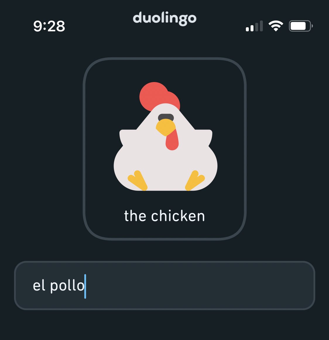 I can’t quit thinking about this chicken I saw on Duolingo last night.