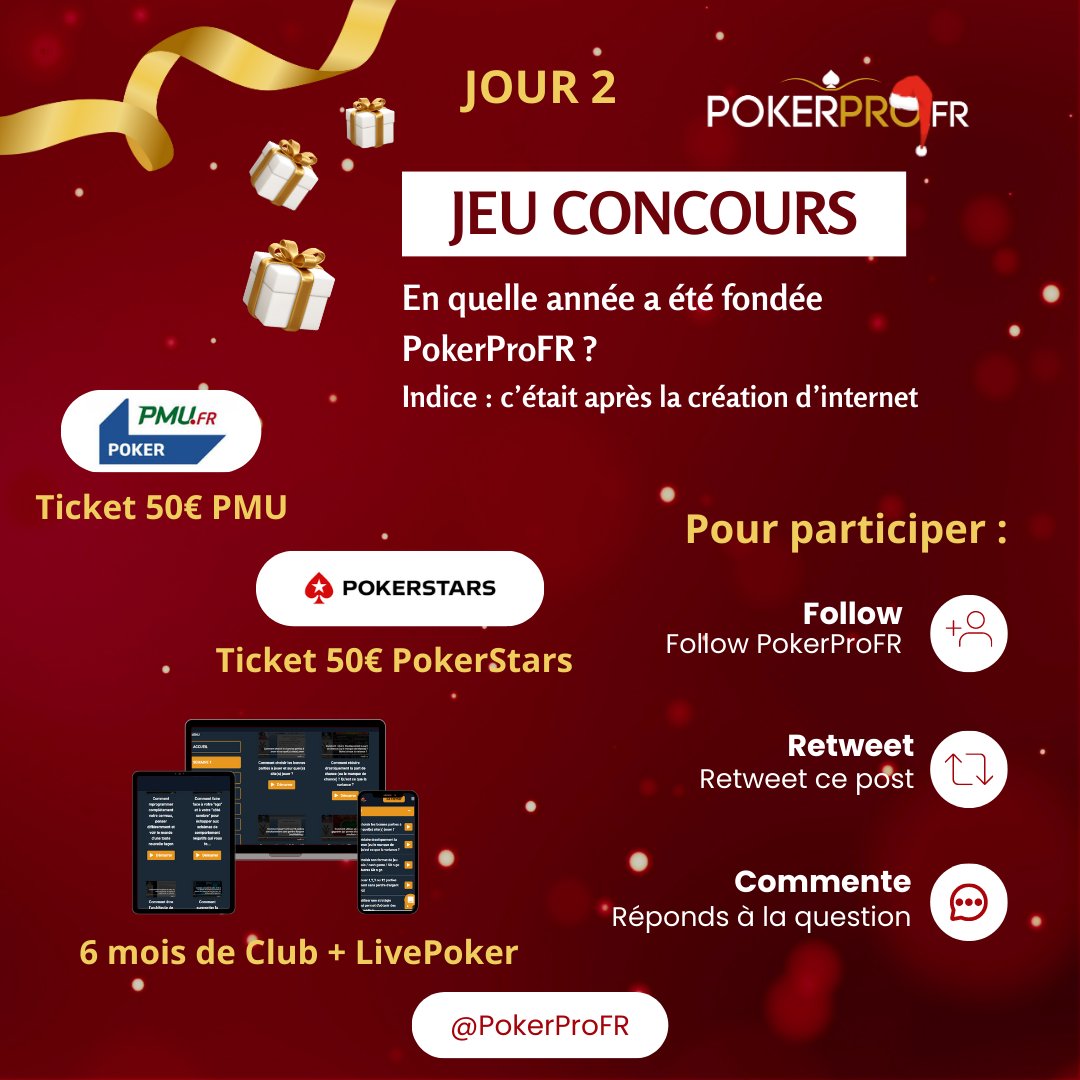 [CONCOURS N°2] 500€ de lots !

- 1 x Ticket 50€ sur <a href="/PMU_Poker/">PMU Poker 🔞</a> 
- 1 x Ticket 50€ sur <a href="/PokerStarsFR/">PokerStarsFR 🔞</a> 
- 6 mois de Club + <a href="/Live_Poker/">Live Poker</a>

Pour participer :

- Follow + RT @pokerprofr
- Réponds à ce tweet avec la réponse à la question

Tirage au sort dans 24h