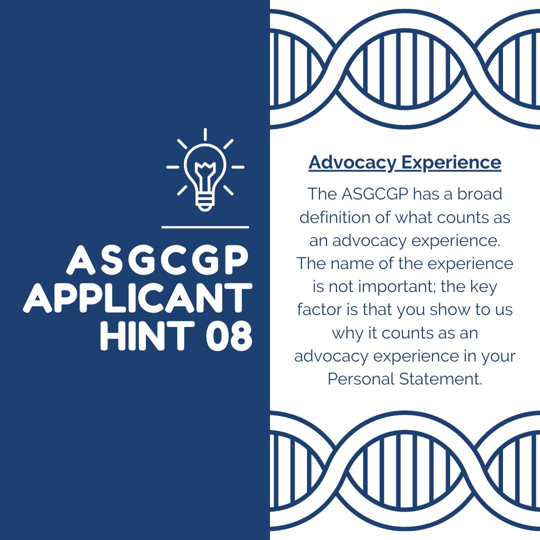 ASGCGP's tweet photo. Happy Tuesday! For those of you who haven't yet completed your applications, here's another tip - we have a broad definition of what counts as advocacy experience, but make sure you explain how it counts as advocacy if it's unclear! #GeneChat #GCHopeful #ProspectiveGC https://t.co/QKSjnI7rhj
