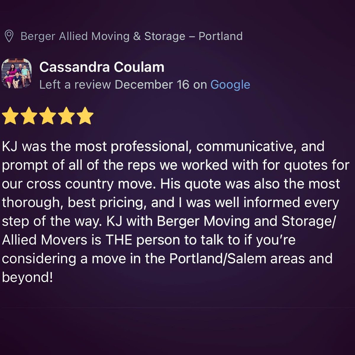 Grateful for the two 5-star reviews in December!#moving #movingandstorage #packing #movers #portland #realestate #portlandrealestate #alliedvanlines #movingservice #bergermoving #professionalmovers #relocating #wilsonville #storage #movingout #relocation #realtors