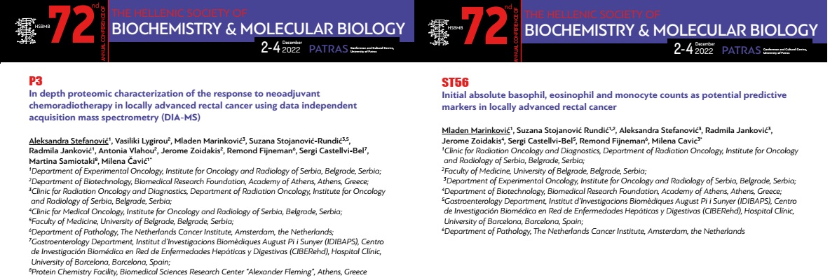 STEPUPIORS's tweet photo. Ph.D. students Aleksandra Stanojevic, MSc, and Mladen Marinkovic, MD, presented abstracts within the STEPUPIORS project, at the 72nd meeting of the Hellenic Society of Biochemistry and Molecular Biology, held in Patras, Greece, on Dec 02-04, 2022. 
@NKI_nl @BRFAA_IIBEAA @idibaps https://t.co/cYBKPu7XwD