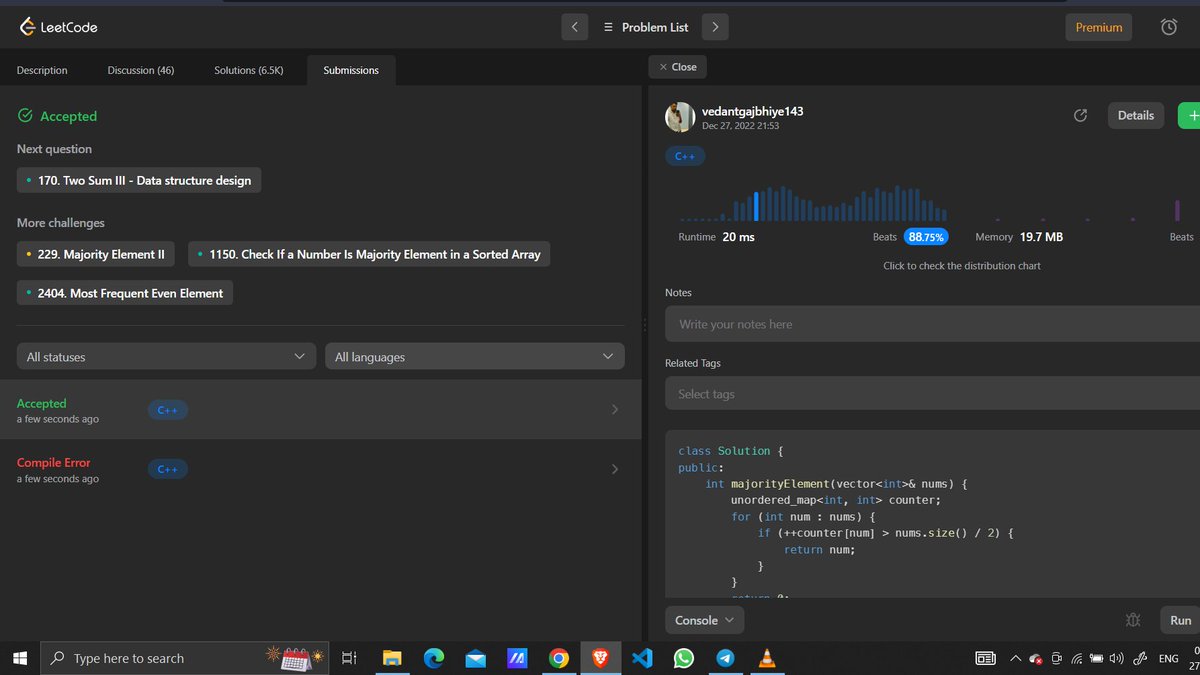 vedantg_467's tweet photo. #Day27 of #dsaindecember 
Challenge Day 6 
Today I solved some problem on Leet Code.
 @acmdypiemr
 @GDSC_DYPCOE
#dsaindecember https://t.co/YrLPJLCN2R