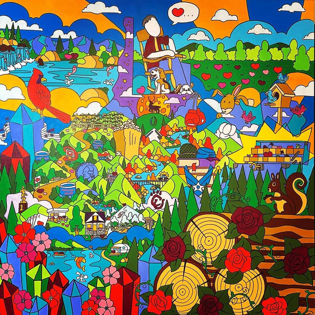 IanBode4's tweet photo. 48”x48” acrylic on canvas - Life portrait commission of a guy who’s done a lot of things. In my mind this one is titled “Appalachian Storyteller”. #passengersideart #wvartist #gotowv #appalachianstoryteller 🎨🪵💎🌹📜📚🐿🦜🎣🚤🕺🏡🦌🛷🫘🐶🌭🥊🪙☕️🍿 https://t.co/PB3imp09Wx https://t.co/RHqDd26BXI